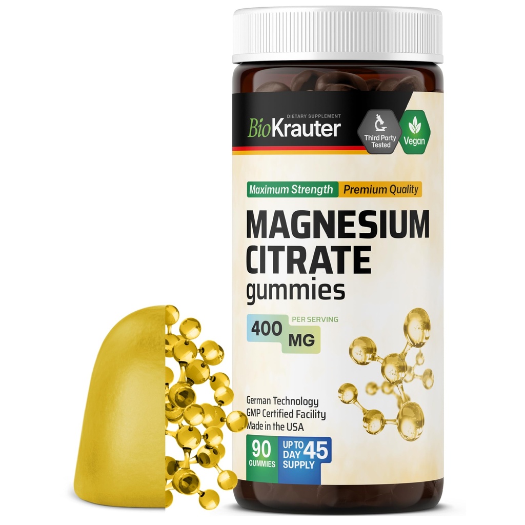 Gommies de magnésium pour les femmes et les hommes - 400 mg de force - 90 Chews végétaliens - Suppléments de citrate de magnésium à croquer - Pectines