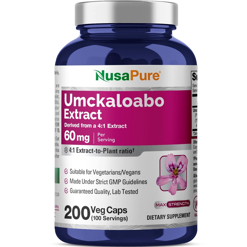 NusaPure Umckaloabo 4:1 Extrait, 60 mg équivalent à 240 mg Caps végétatifs 200 Nombre (non OGM, végétalien)