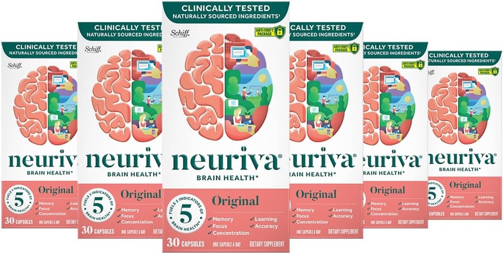 NEURIVA Original Brain Supplemento per Memoria, Focus & Concentration + Learning & Accuracy con Nootropics clinicamente testato Phosphatidylserine e Neurofactor, Caffeina Free, 30 Capsule (6 Pack)