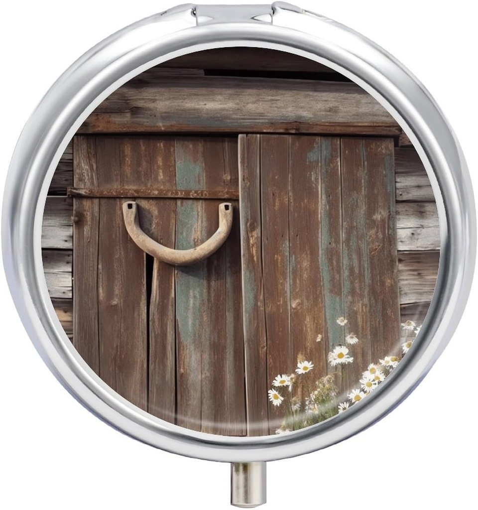 Scatola di pedana rotonda in metallo,Rustic Horseshoe Barn in legno stampato Pillola organizzatore portatile contenitore di pedana piccola scatola di pedaggio per borsa e tasca per la memorizzazione di vitamine, medicine e integratori