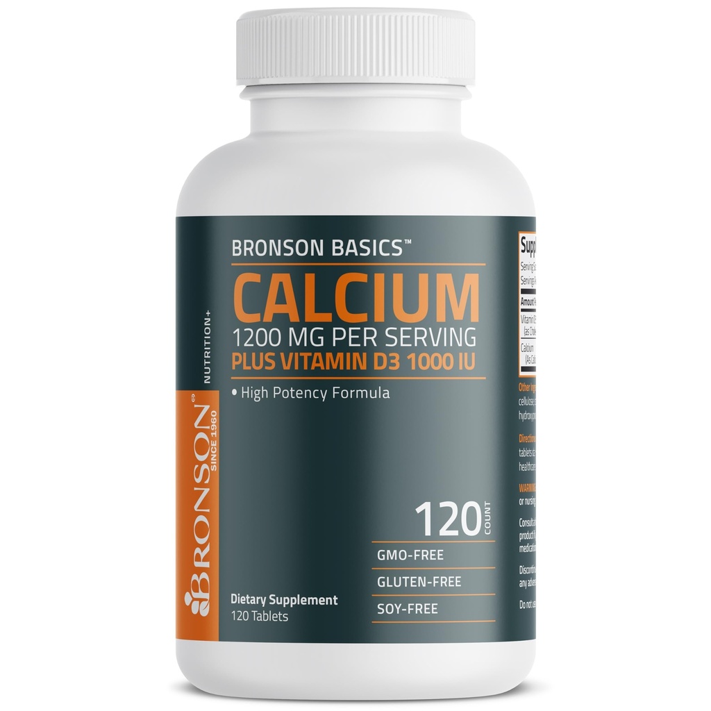 Bronson Calcium 1200mg Per Serving Plus Vitamina D3 1000 IU Formula ad alta potenza, Non OGM, 120 compresse