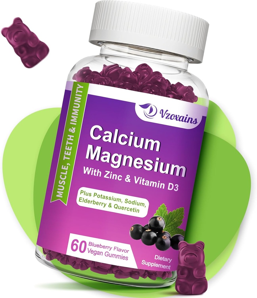 Gummie di calcio ad alto assorbimento, zinco di magnesio di calcio con glicinato di magnesio, potassio, vitamina D3 per le donne e i mirtilli rossi 60 Cts