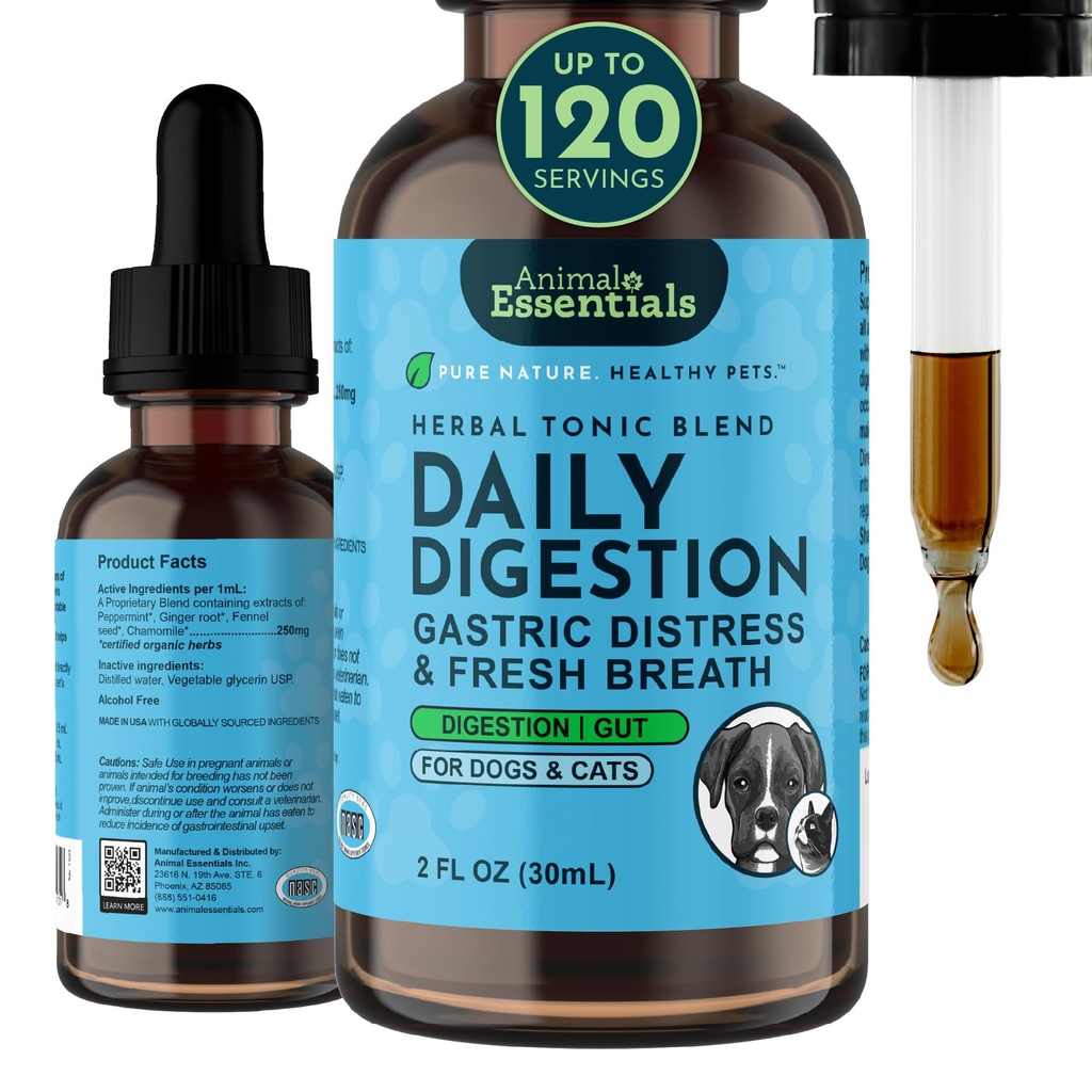 Animal Essentials Digestione giornaliera per cani e gatti - supporto digestivo, respiro fresco, radice di zenzero, estratto di semi di finocchio, supplemento liquido - 2 Fl Oz