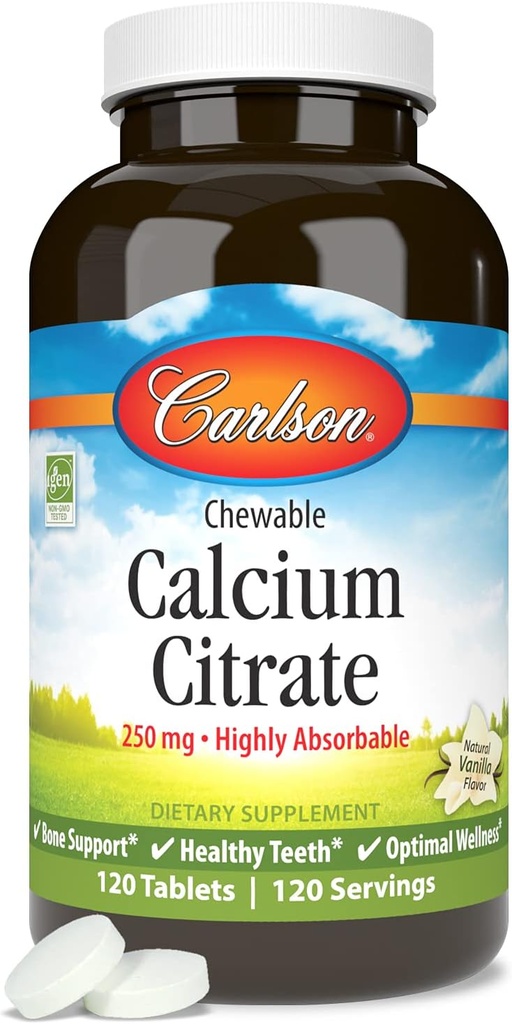 Carlson - Chewable Calcium Citrat, 250 mg, hochabsorbierbar, Knochenunterstützung, Gesunde Zähne & Optimale Wellness, natürliche Vanille Geschmack, 120 Tabletten