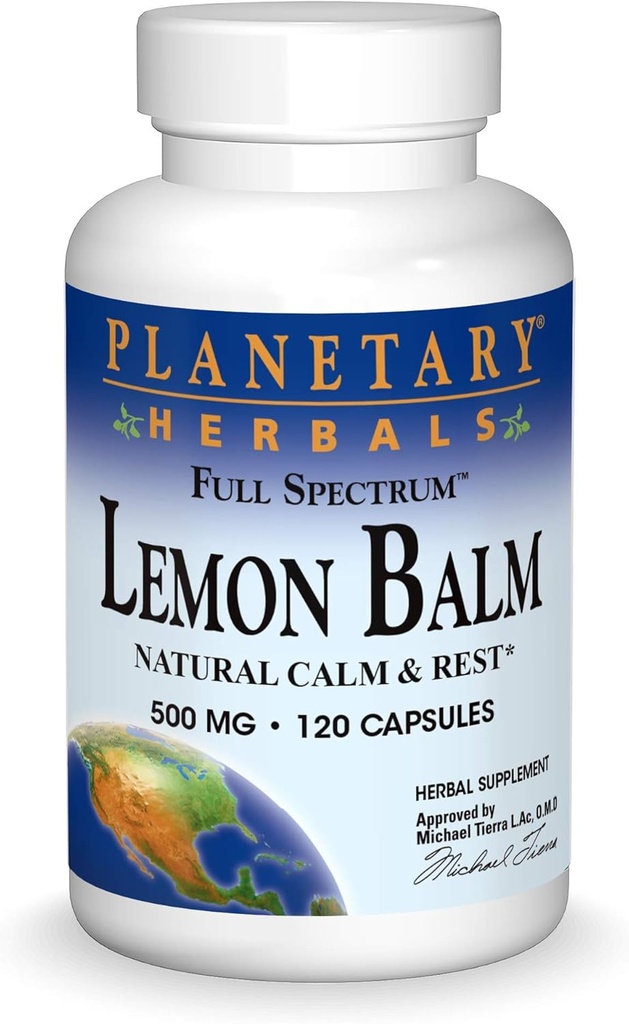 erbe planetarie Lemon Balm Spettro completo 500mg, naturale calma e riposo, 120 capsule