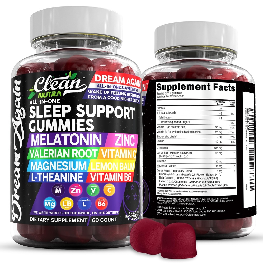 Saubere Nutra Melatonin Gummis 10mg | Schlafhilfe Valerian Root L-Theanin Vitamin B6 C Zitronenbalsam Magnesium Hibiscus Beta Carotene Saffron & Kamille Erholung Nahrungsergänzung Raspberry Flavor