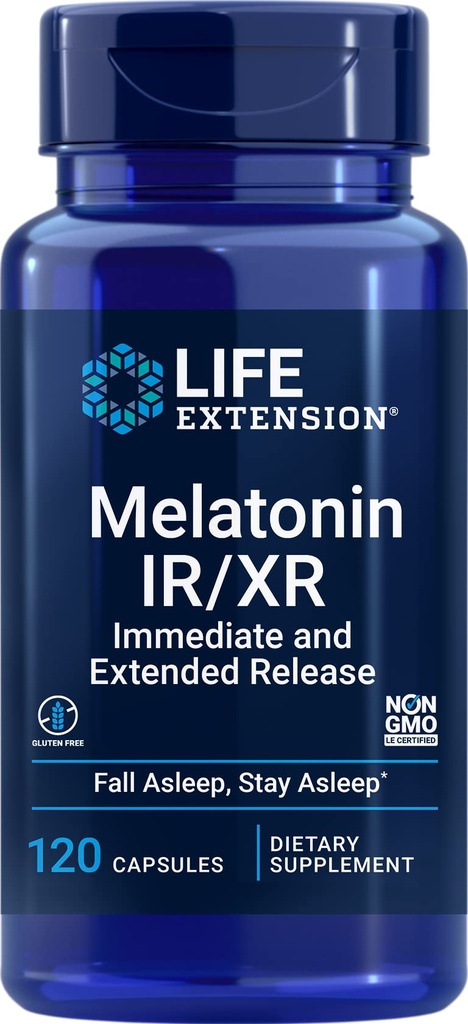 Extension de la durée de vie Melatonine IR/XR 120 Capsules - Immédiatement et 7 heures de libération prolongée - Supplément de nuit - Supports Rester endormi - Non-OGM, sans gluten