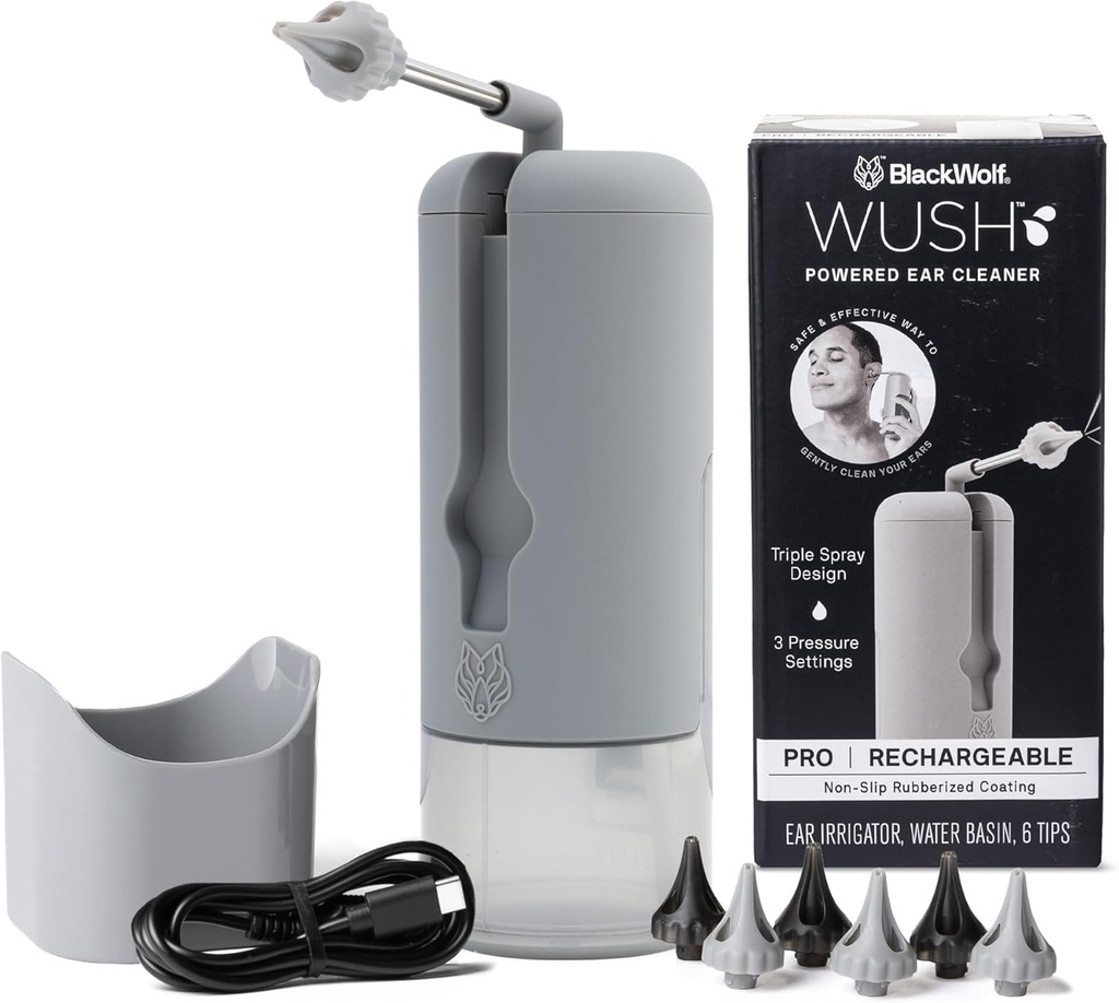 Wush Pro von Black Wolf - The Original Deluxe Water Powered Ear Cleaner mit 6 wiederverwendbaren Ersatztipps von Black Wolf - Safe & Effective for Ear Wax Buildup - Electric Ear Wax Removal Kit (Grey)