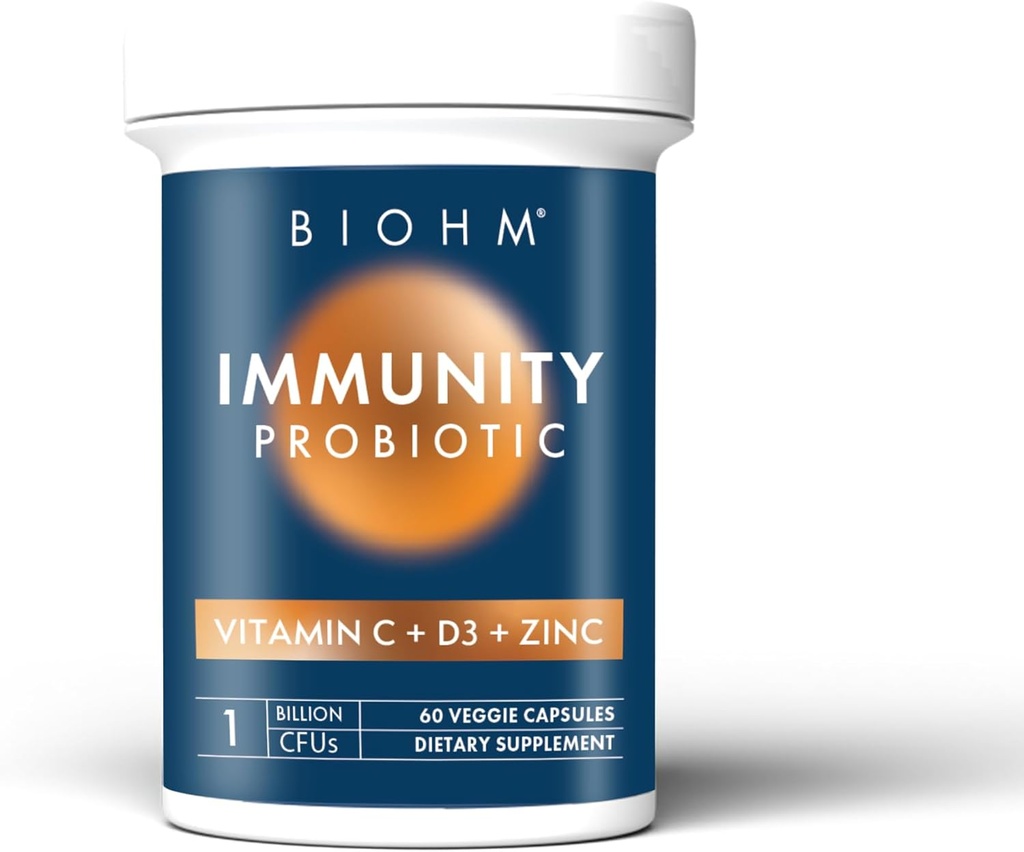 Immunité BIOHM Probiotique avec vitamine C, D3 et zinc, 1 milliard CFU (60 capsules) Probiotiques quotidiens pour les femmes et les hommes, santé digestive et soutien immunitaire, végétalien, sans gluten et sans OGM