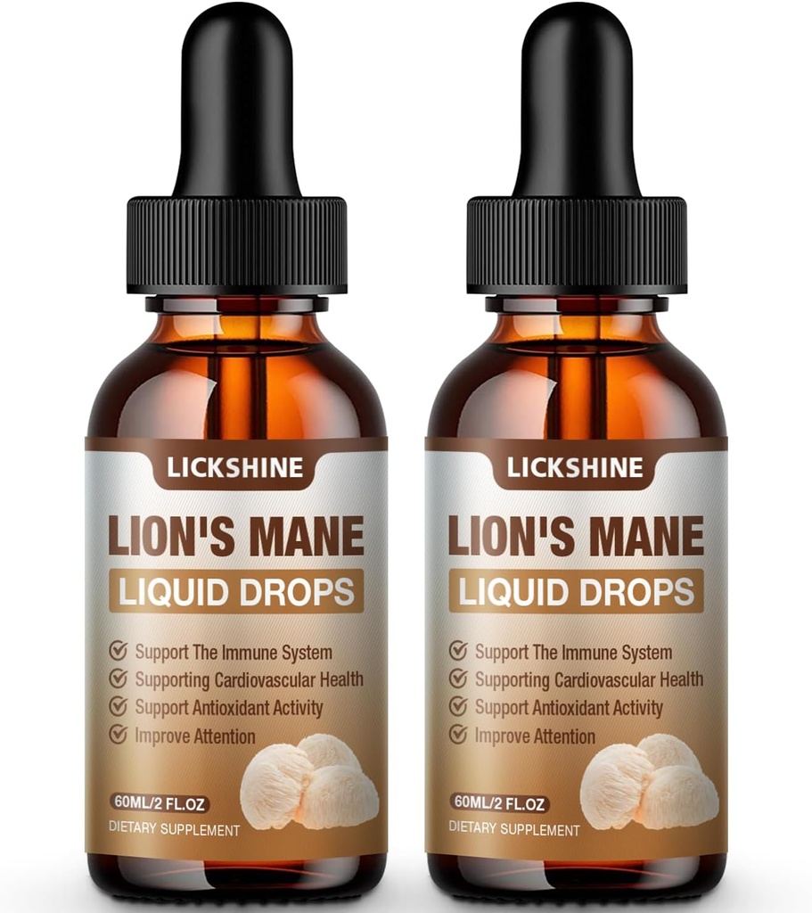 2 Pack Lions Mane Supplément gouttes d'extrait de champignons liquides pour la mémoire, le focus et la clarté - Brain Booster - Lions Mane Teinture pour le soutien naturel immunitaire, végétalien, biologique, 2 Fl Oz
