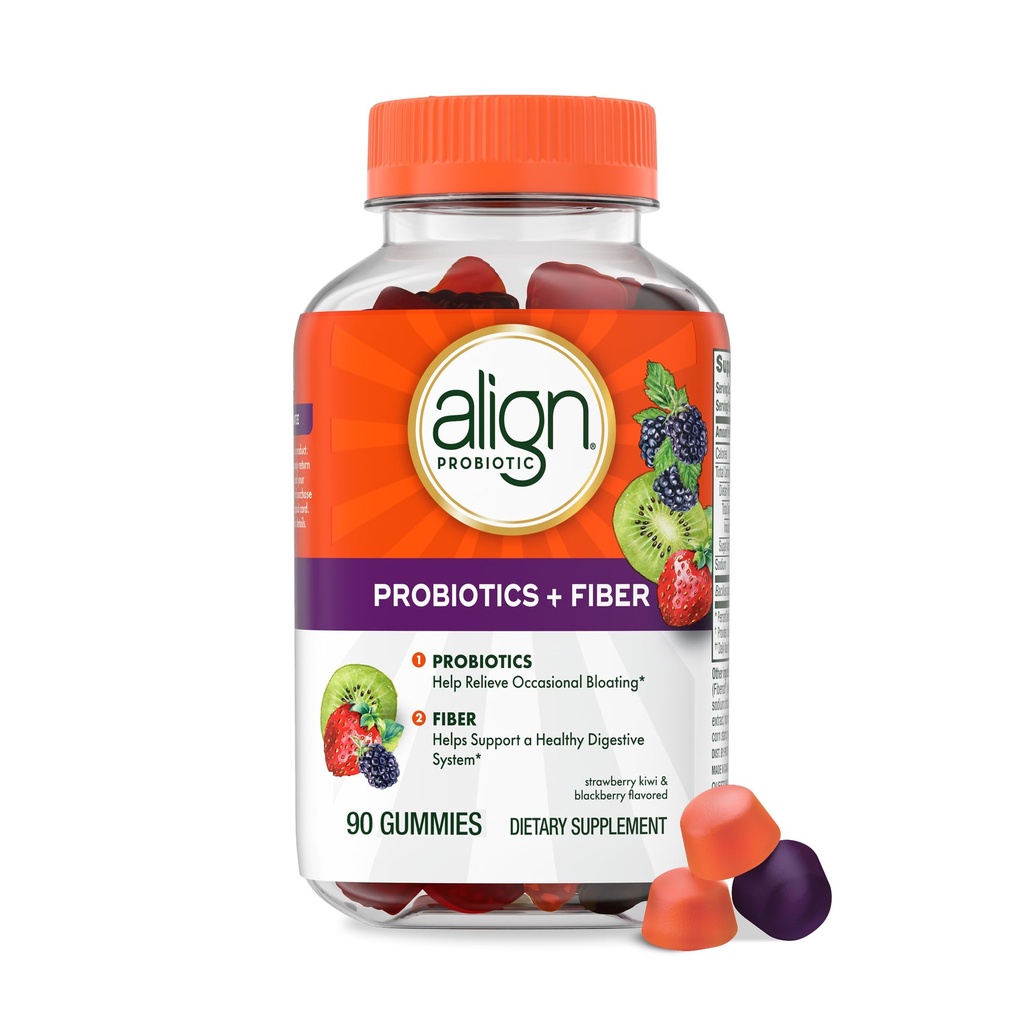 Aligner les probiotiques, les probiotiques + les gommes fibreuses, les probiotiques aident à soulager les ballonnements occasionnels*, les fibres aident à soutenir un système digestif sain*, #1 Docteur Marque Probiotique recommandée, 90 gommes