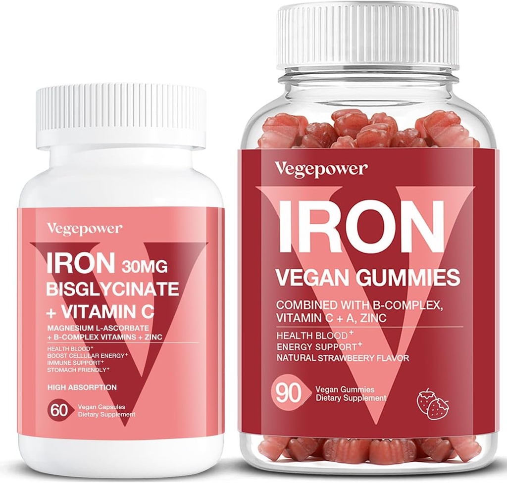Gommies de fer véganes Fraise Plus Bisglycinate de fer 30MG.Supplément de fer végane pour le sang sain et l'énergie quotidienne pour les adultes et les enfants - 90 comte+60 comte