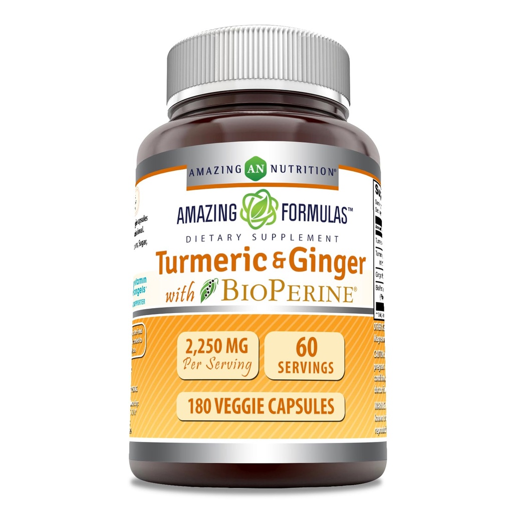 Formules étonnantes Curcumine et gingembre curcuma avec BioPerine 2250 mg par portion Capsules de légumes non-OGM