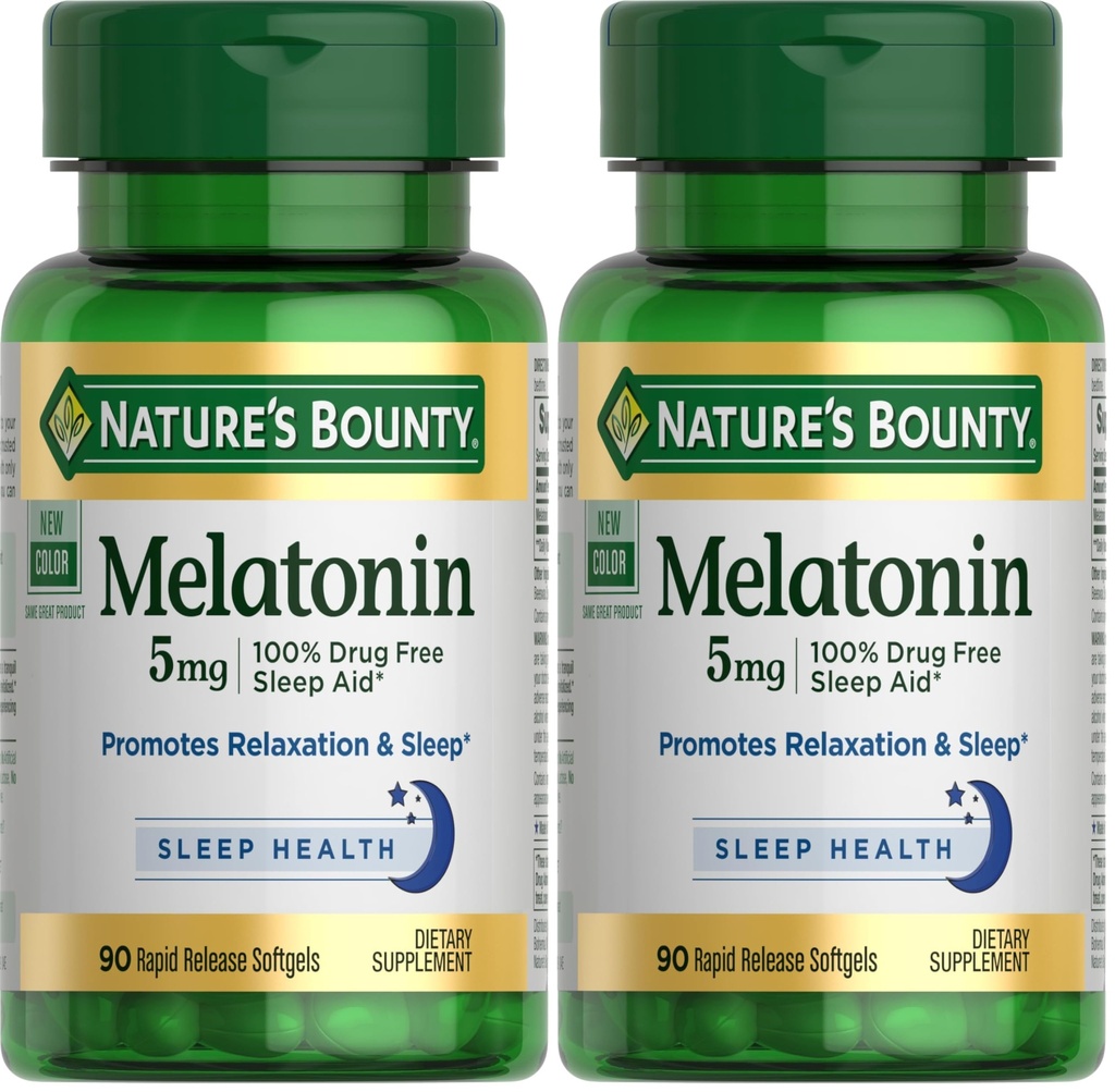 Bounty Melatonin, 100% Droga Dormire gratuito, Integratore alimentare, promuove Rilassamento e salute del sonno, 5mg, 90 Softgels (Pack of 2)