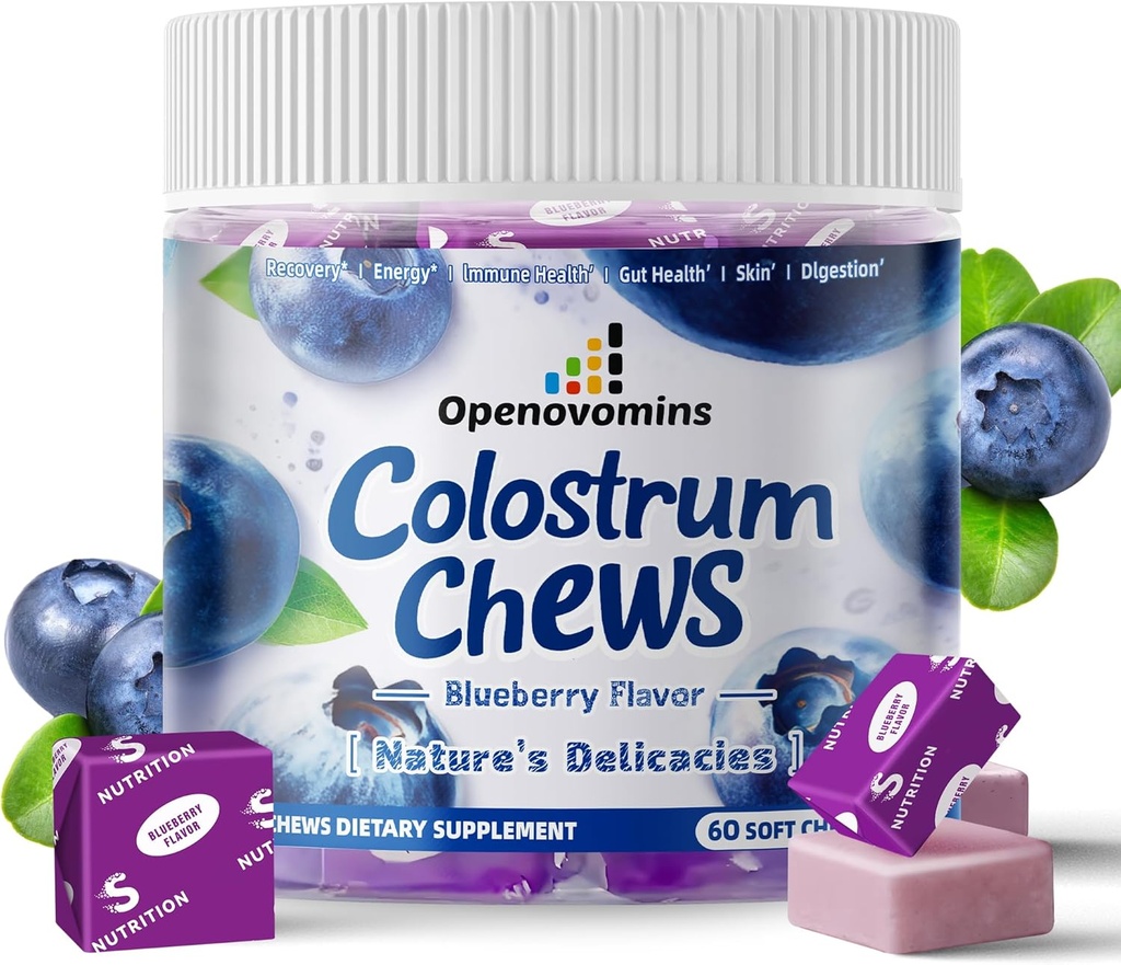Bovin Colostrum Soft Chews Supplément avec des probiotiques pour la santé des Gut, Bloating, Immune Support, la peau, la croissance des cheveux et la beauté - Blueberry Flavor (60 portions)