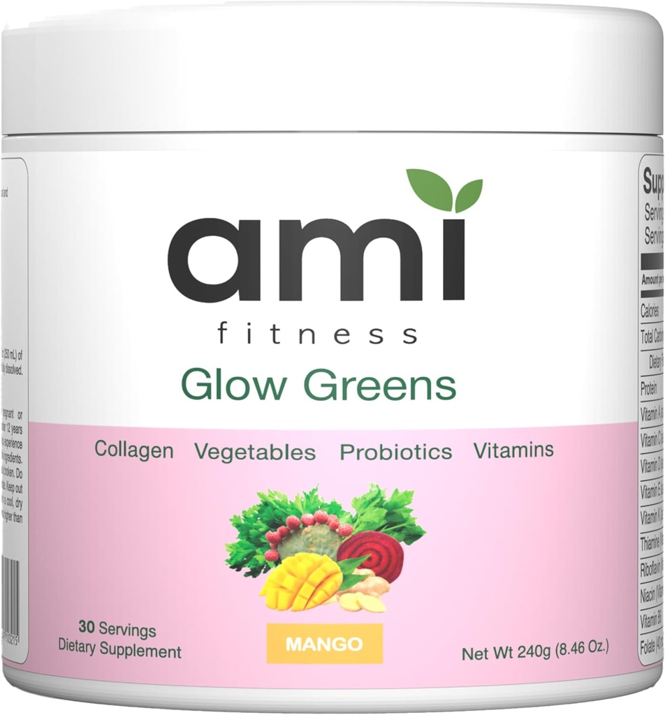 Polvere di Glow Greens, Collage con Probiotici, Vitamine, Enzimi Digestivi, Superfoods, Salute Gut, Rilievo Bloating, Pelle Radiante, Glow naturale, Spirulina, 30 SVG, Mango