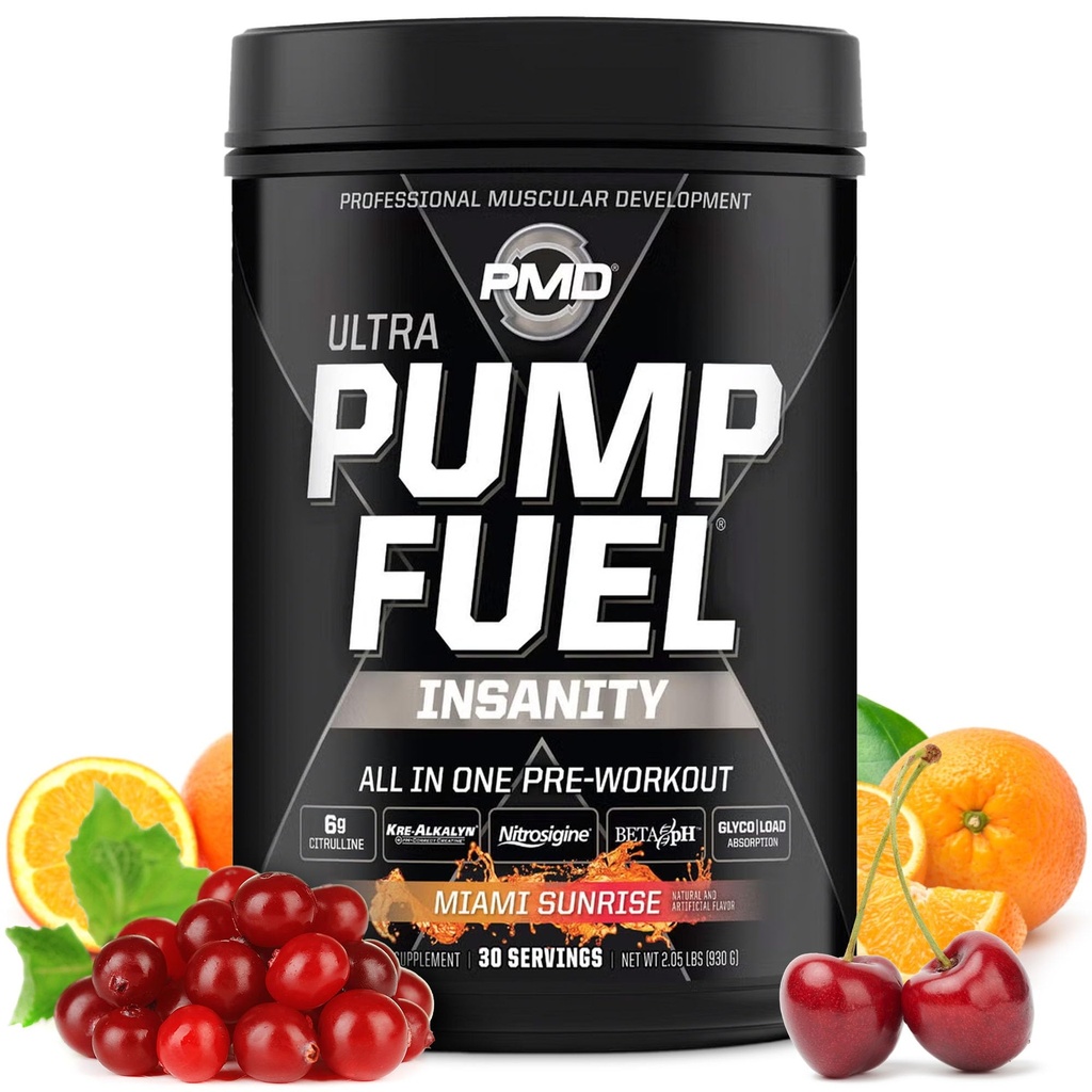 Pompa sportiva PMD Fuel Ultra Insanity - Premium Pre Workout Powder & Muscle Pump, Greater Focus, Endurance & Recovery, Premium Creatine, Arginine & Beta Alanine - Miami Sunrise (30 Servings)