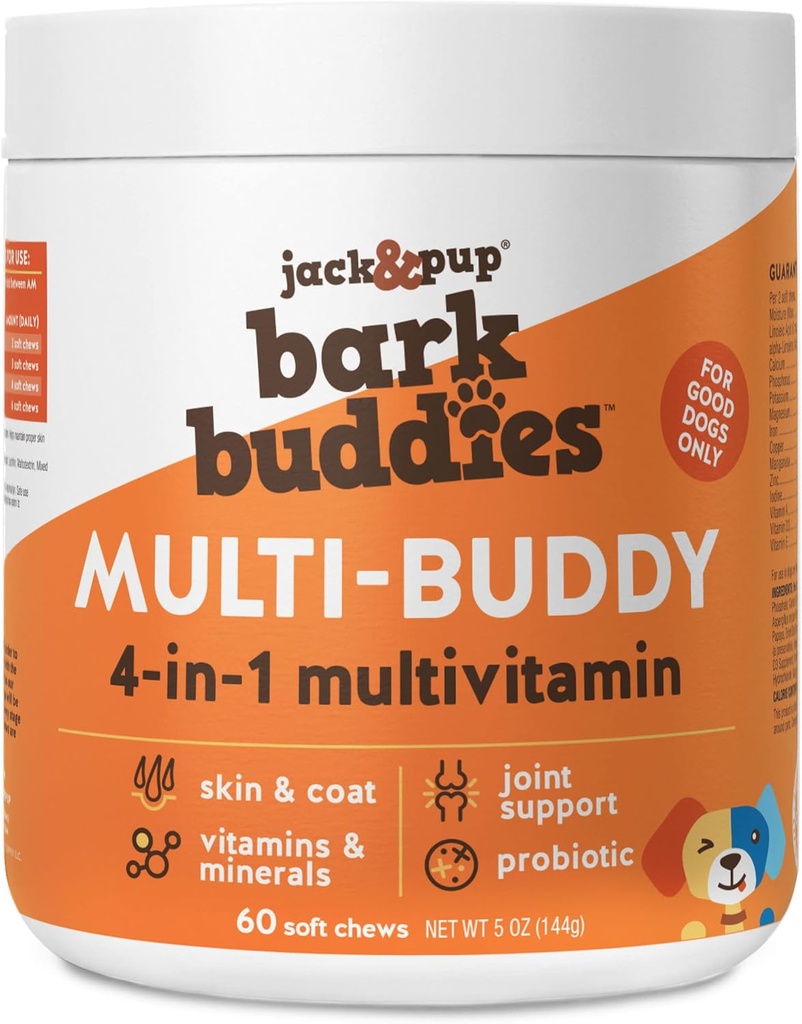 Jack&Pup Dog Vitamine e Integratori Multivitaminici per Cani - Bark Buddies Multi-Buddy Dog Multivitamines Chewable Soft Chews Puppy Vitamins and Supplements - (60ct)