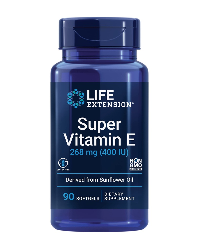 Lebensverlängerung Super Vitamin E, 268 mg (400 IU), Non-Synthetic Vitamin E Supplement fördert Vollblut-Gesundheit, Glutenfrei, Non-GMO, 90 Softgele