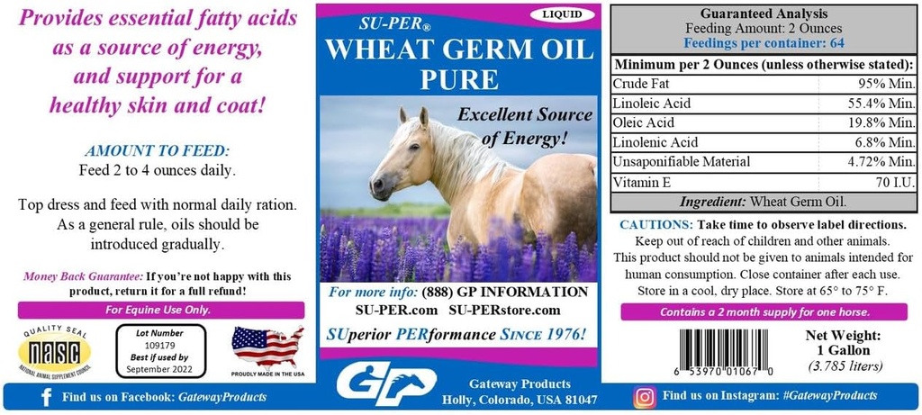 Olio di Germa di Grano SU-PER Pure per Cavalli - Supporta energia, resistenza, stamina, pelle sana e cappotto - acidi grassi essenziali, vitamine e minerali - 1 gallone + pompa, alimentazione di 4 mesi