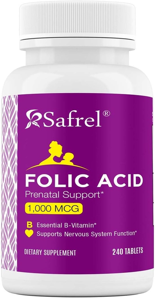 Acido folico Safrel 1000 mcg (1 mg) - Vitamina B9-240 Compresse, Vitamina Prenatale e Postnatale Essenziale per lo Sviluppo Fetale, Produzione di globuli rossi, Sviluppo cellulare e neuronale | Non OGM, Vegan
