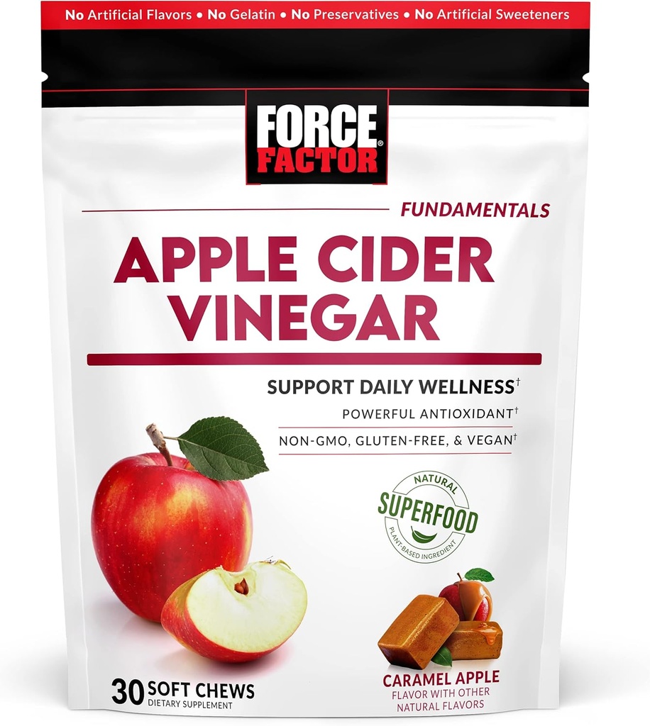 Kraftfaktor Bio Apfel Apfel Apfelessig Weiche Kauen für Verdauung und Stoffwechsel Unterstützung, Apfel Apfel Apfel Apfelessig mit Mutter, ACV Ergänzung, Glutenfrei, & Vegan, Caramel Apfel Geschmack, 30 Weiche Kauen