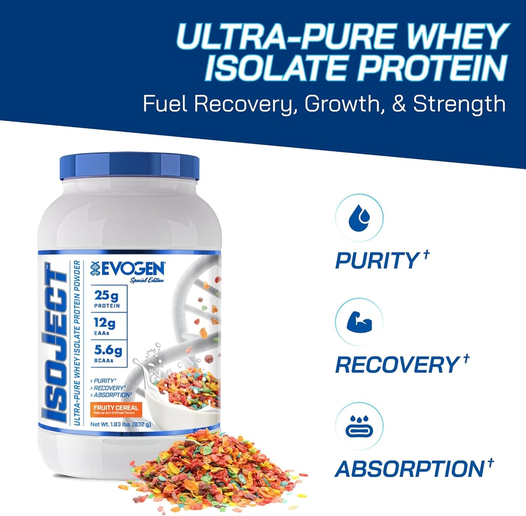 Evogen Isoject - Whey Protein Isolate | Ultra-Pure Whey Protein Powder with Ignitor Enzymes, BCAAs e EAAs | Absorption & Recovery | Fruity Cereal | 26 Servings