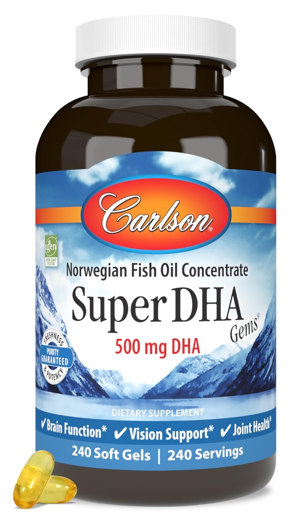 Carlson Super DHA Gems - 500 mg DHA-Ergänzungen, 640 mg Fettsäuren, Norwegisches Fischölkonzentrat, Wild-Caught, Sustainable Sourced Fish Oil Capsules, 240 Softgels