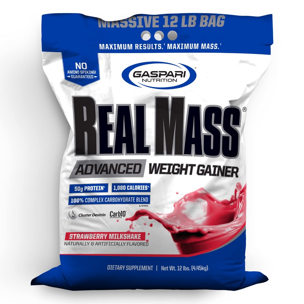 Gaspari Nutrition Real Maß: Advanced Weight Gainer, Protein and Complex Carb Blend, 50g Protein, 16g EAAs, Glutenfrei, 12 lbs (Strawberry Milkshake)