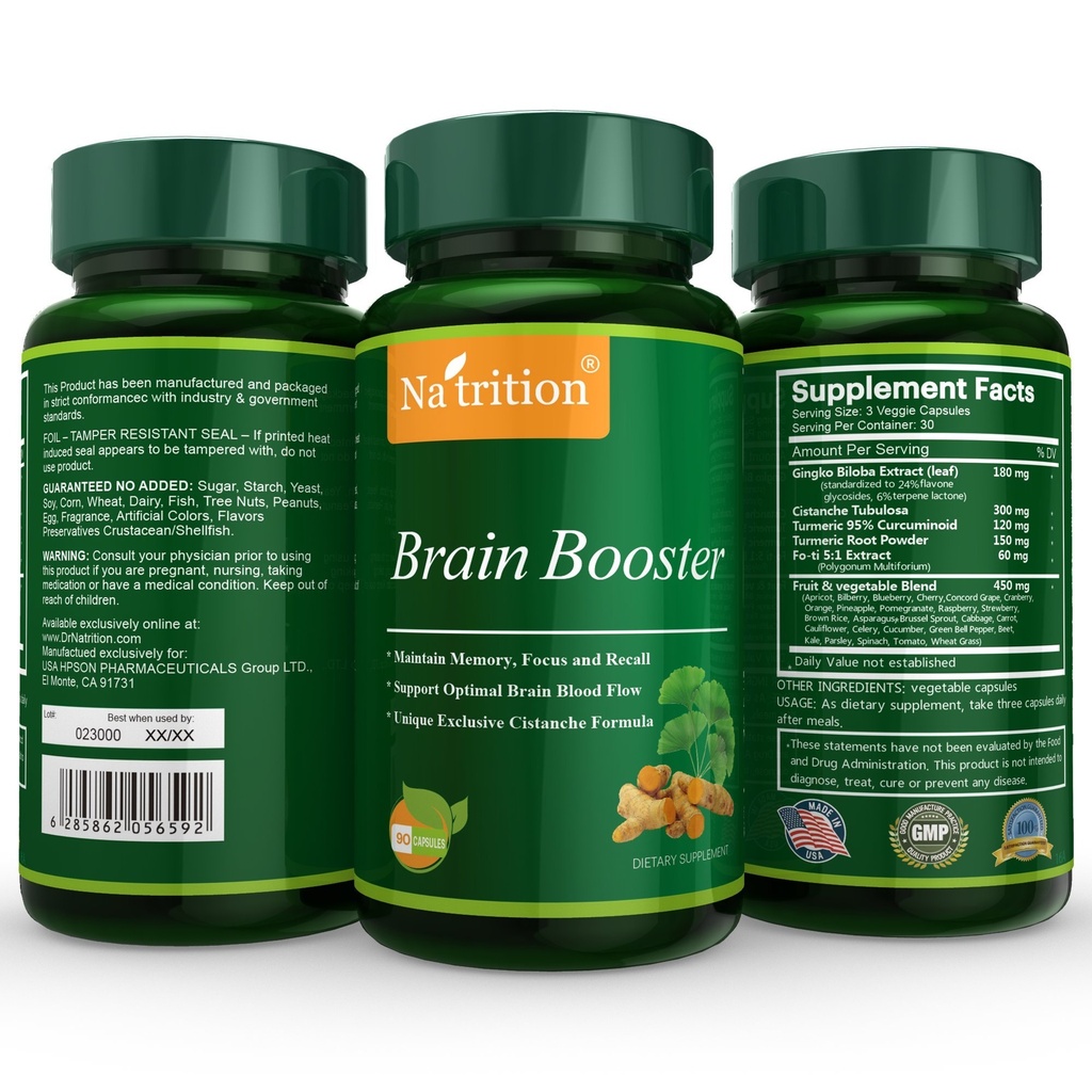 Natrition Brain Booster - Ginkgo Biloba, Turmeric, Cistanche Tubulosa, Fo-ti Extract Blend - Natürliche Antioxidante Unterstützung für Gehirnfunktion - Clarity, Focus und Memory Enhance - 90 Veggie Kapseln