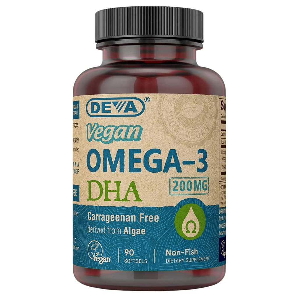 DEVA Vegan Omega-3 DHA Supplement, Einmal täglich Softgel 200 MG, Carrageenan Free, Gelatin Free, Non-Fish, Algae Oil, Omega-3 Fettsäuren - 90 Softgels