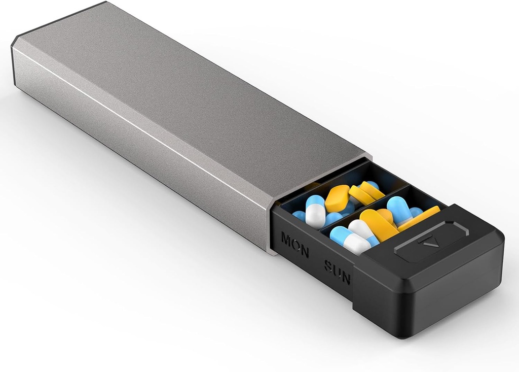 HEIYING Pill Organizer with Aluminium Shell for One Week Capacity, Portable 7 compartiments Pill Box Container to Hold Vitamine, Medicine, Suppléments
