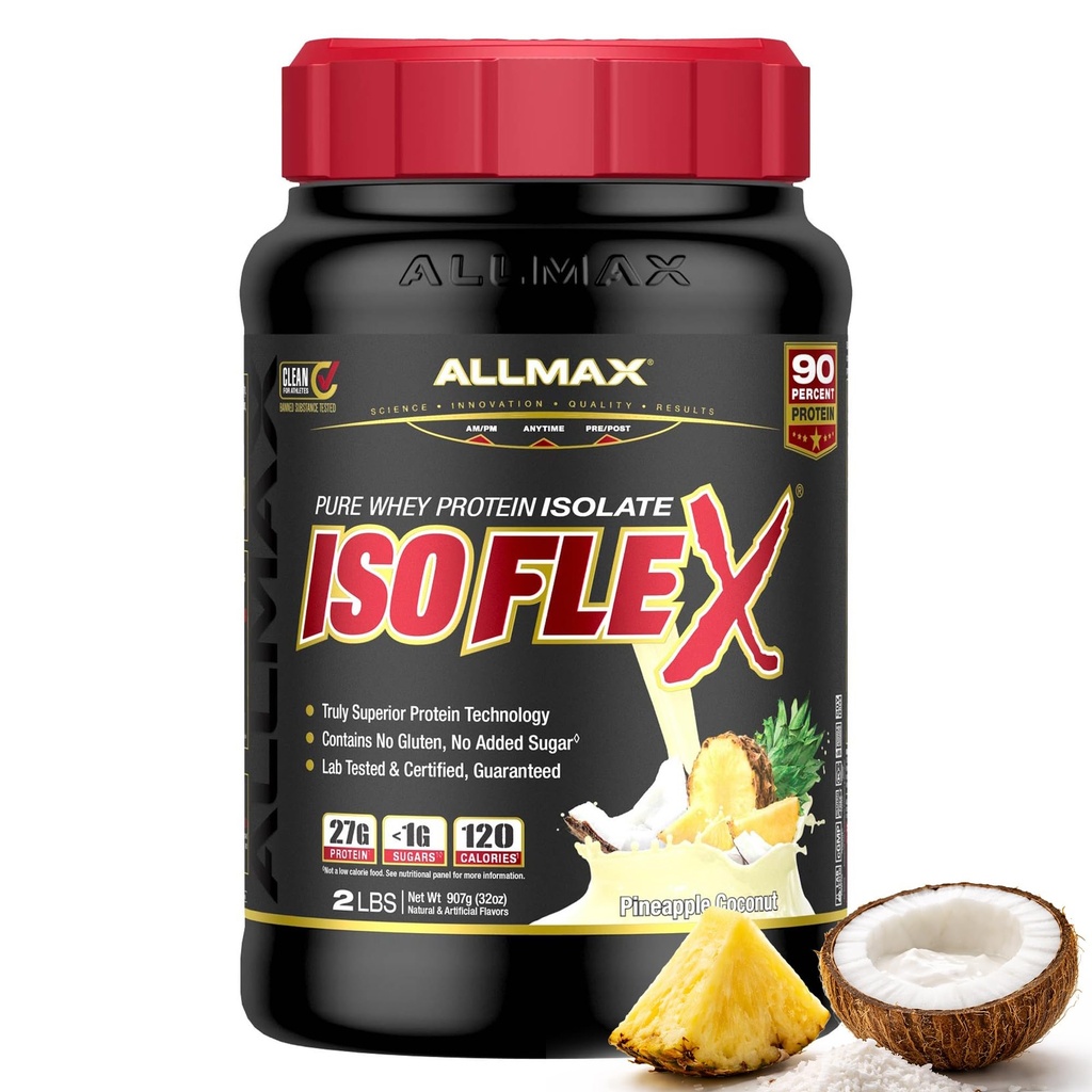 ALLMAX Ernährung ISOFLEX Whey Protein Isolate, Ananas Coconut - 2 lb - 27 Gramm Protein Per Scoop - Zero Fat & Sugar - 99% Lactose Free - Glutenfrei & Soy - Ungefähr 30 Portionen