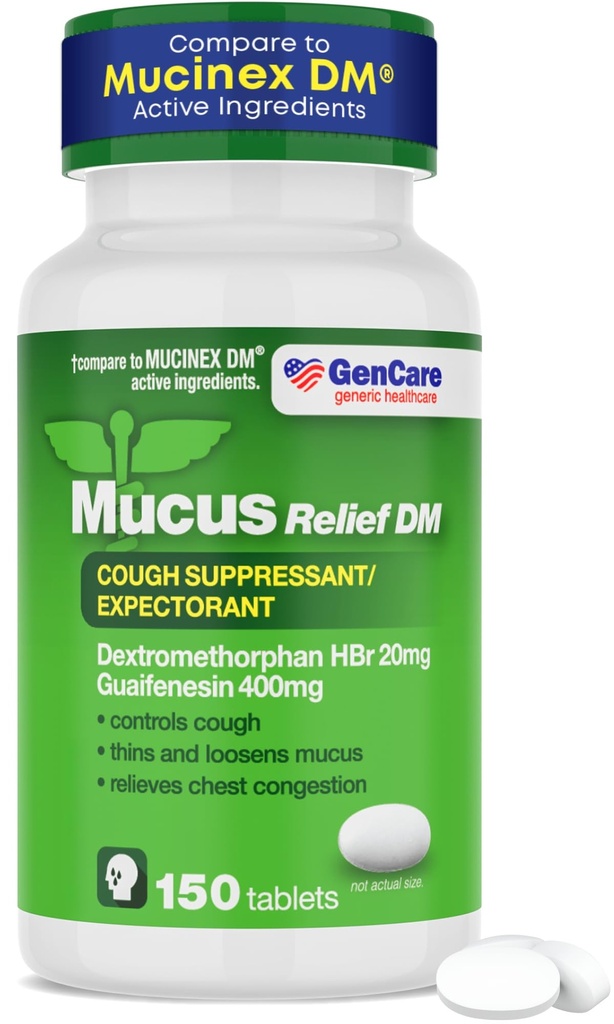GenCare - Mucus Relief DM (150 Count Value Bottle) Dextromethorphan HBr 20mg Guaifenesin 400mg | Generisches Mucus Relief DM | Sofortfreisetzung Unbeschichtete Cough & Mucus Expectorant Pille