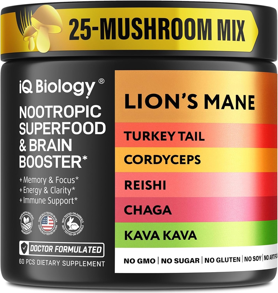 Kava Kava Racine Cordyceps Lions Mane Reishi Supplément de champignons, Capsules de champignons nootropes Extrait de kava Kava, Vitamines de champignons pour les femmes, Ashwagandha, Magnésium - 60 capsules (1 pack)