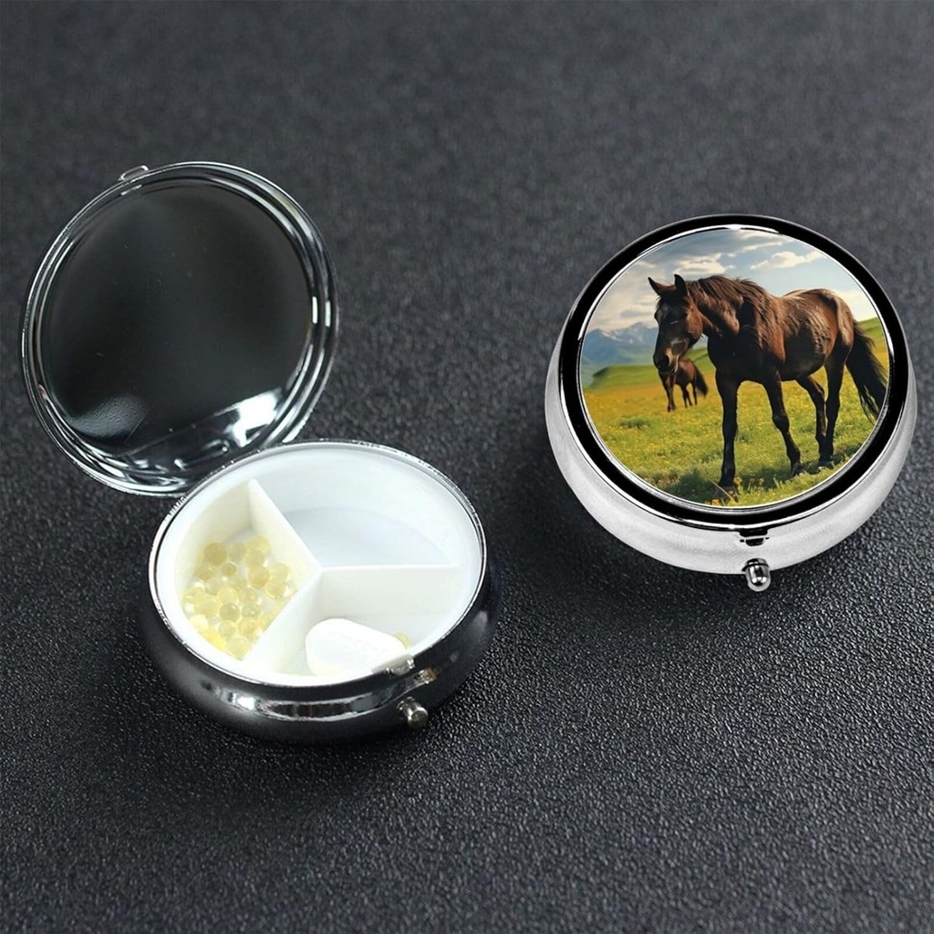 Pille Case Pille Box mit Spiegel Kleine Pille Organizer 3 Compartment Grazing Wild Horses Roud Travel Pillbox für Geldbörse oder Tasche Portable Pille Container Cute Medicine Organizer