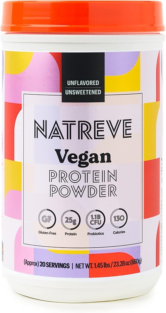 Natreve Vegan Protein Powder - 25g polvere proteica vegetale con probiotici e aminoacidi - Gluten Free & Unflavored, 20 Servings