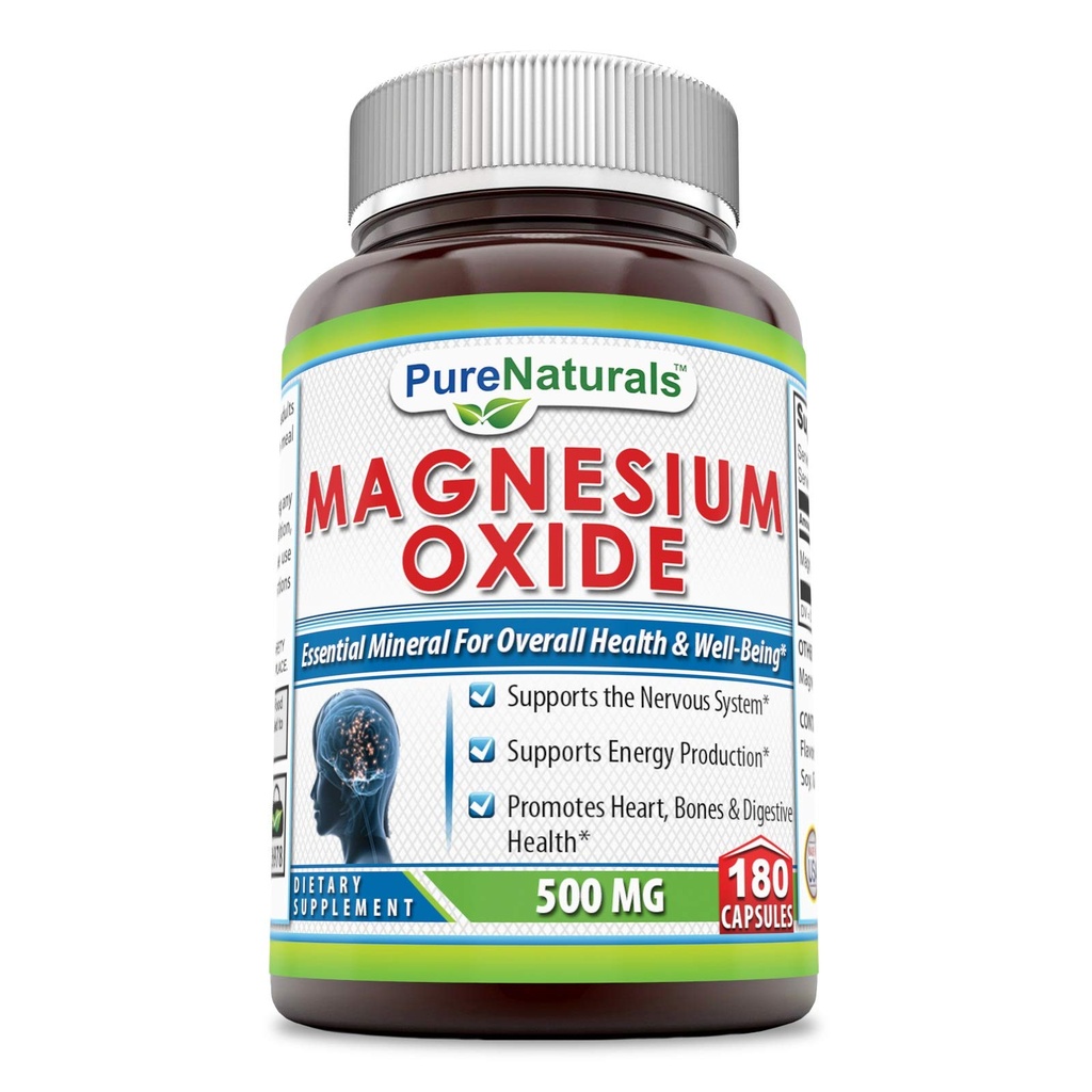 Pure Naturals Magnesium Oxide Supplement | 500 Mg per Serving | 180 Capsules | Non-GMO | Gluten-Free | Made in USA