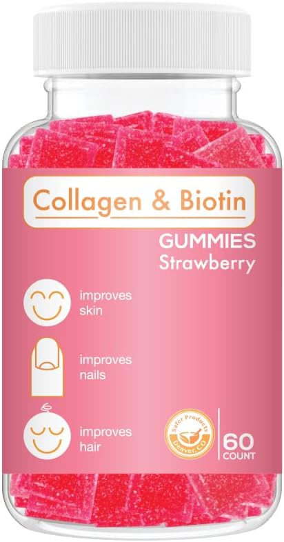 Collagen Biotin Gummies - Unterstützt Haar, Haut und Nägel Haarwachstum Anti Aging Pflege Kaubare Gummy Vitamine, Vegan, Non-GMO, Glutenfrei, Gelatine Erdbeer Flavor 60 Count, Pink