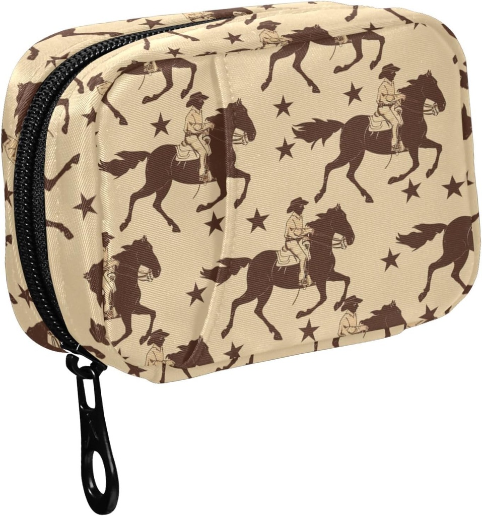 Fustylead Brown Western Running Cowboy Cavallo e Stelle Silhouette Pill Organizer per Purse, Weekly Portable Pill Box con Zipper a Storage Vitamins Fish Oils Farmaci Supplementi