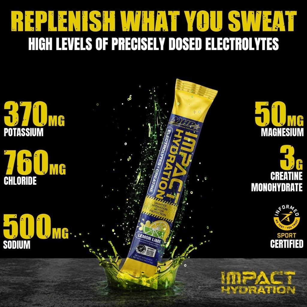 MHP Impact Hydration Elektrolyt Creatine Sportgetränk Stick Pack, keine künstlichen Süßungsmittel oder Farben, Leistung, Erholung, Zitronenlime, 14 Count