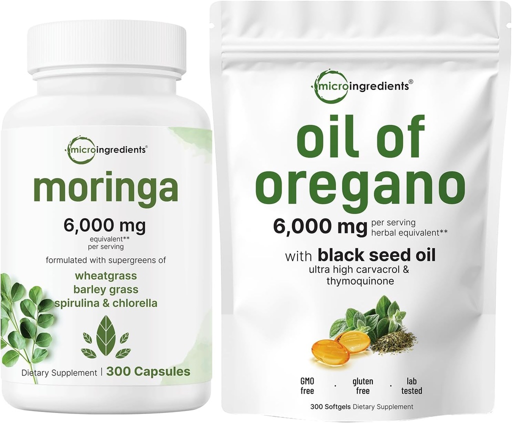 Micro-ingrédients Huile d'Origan Softgels 300 Count & Moringa Oleifera 6 000mg Équivalent 300 Capsules Bundle 2 Pack