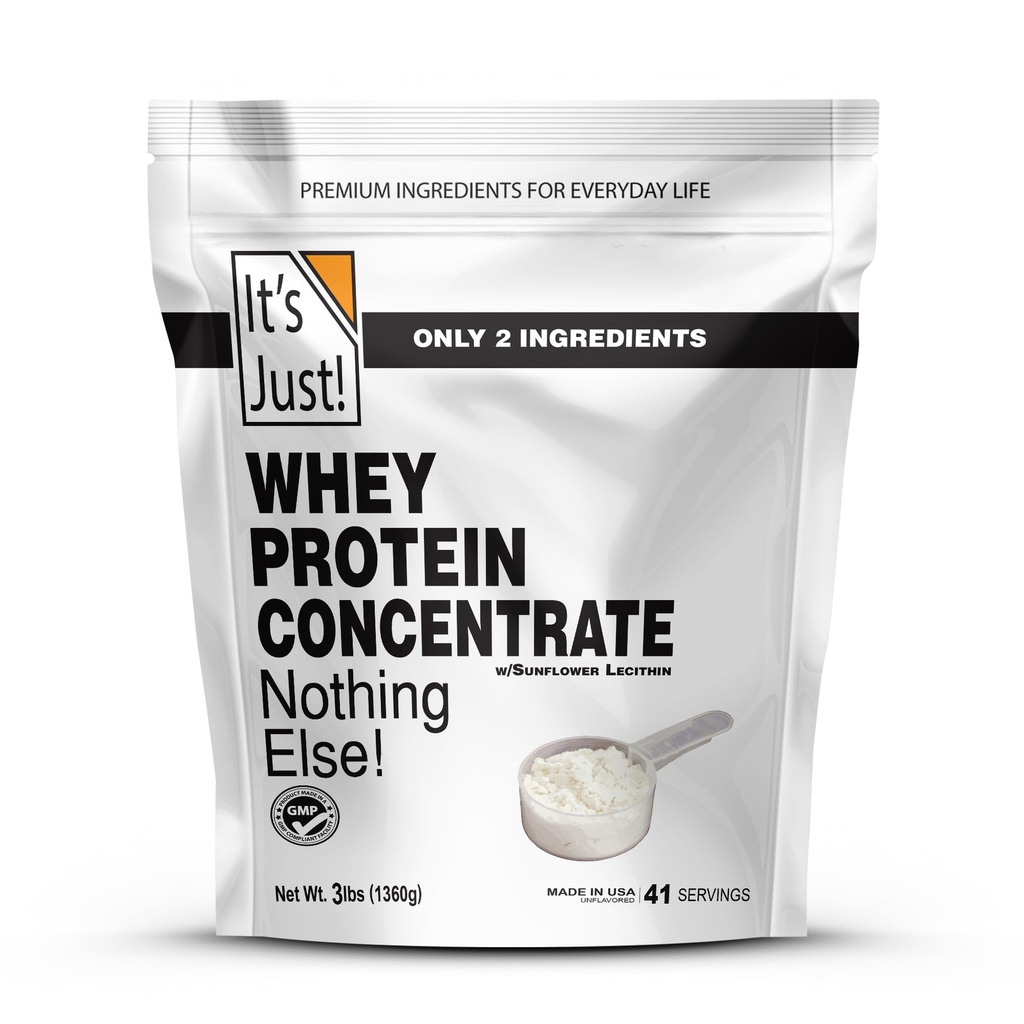 Es ist Just! - 100% Whey Protein Konzentrat, Made in USA, rBGH/RBST Hormone Free, Premium WPC-80, keine zusätzlichen Geschmacksrichtungen oder künstliche Süßungsmittel (3 Pfund, entflammt)