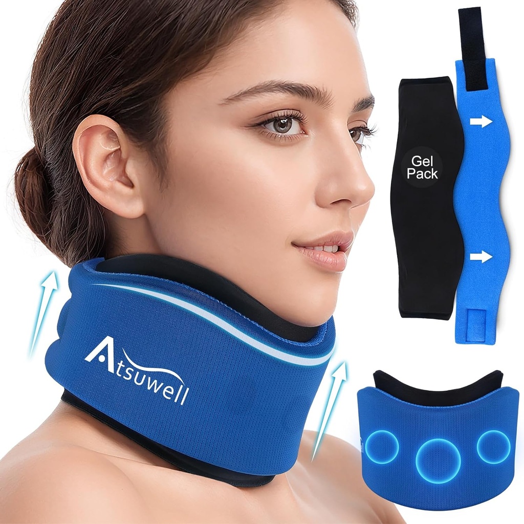 Atsuwell Neck Brace für Schlafen, weiche Cervical Collar für Unterstützung, Verstellbare Halsstütze Brace mit Hot Cold Gel Packs Wiederverwendbar für Bürodruck, Fatigue, Blau