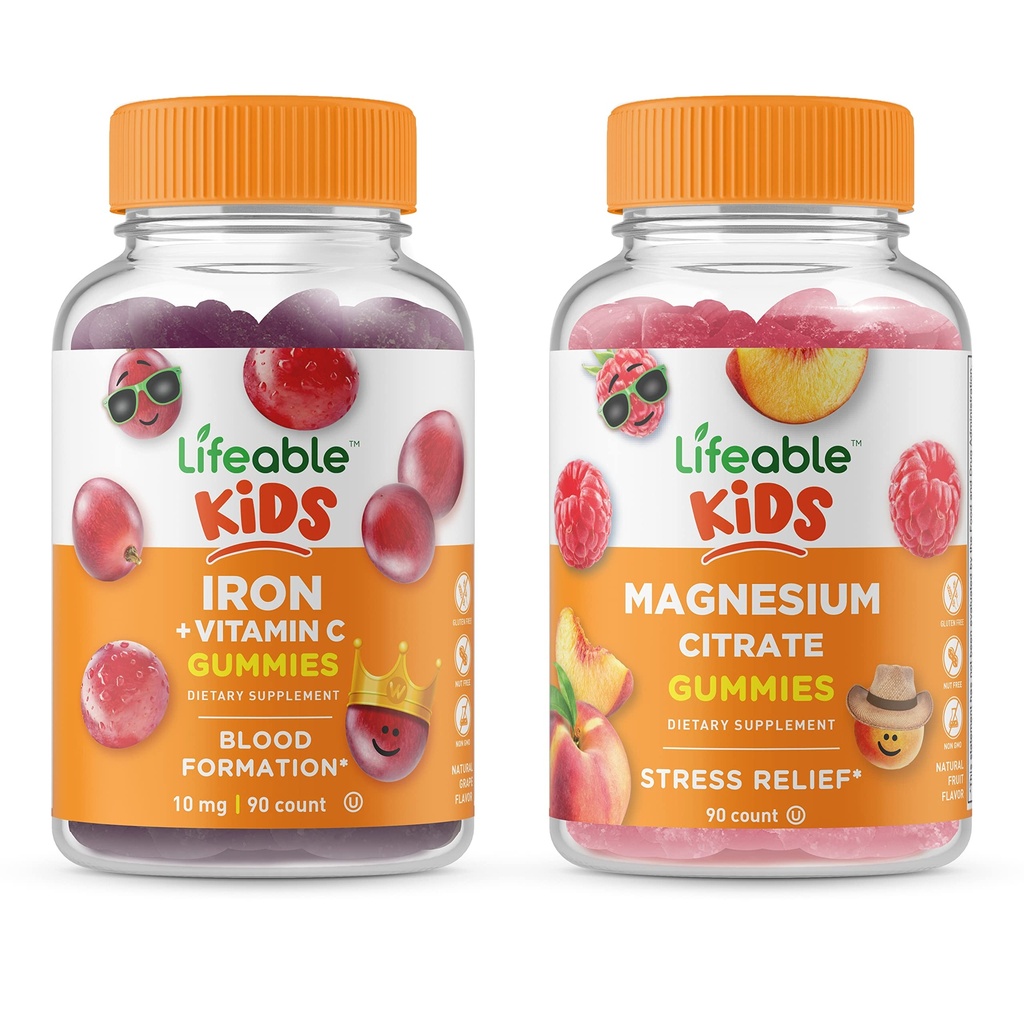 Citrate de Magnésium Lifeable Enfants + Fer et Vitamine C Enfants, Gommies Bundle - Grande dégustation, supplément de vitamine, sans gluten, sans OGM, Gummy à croquer