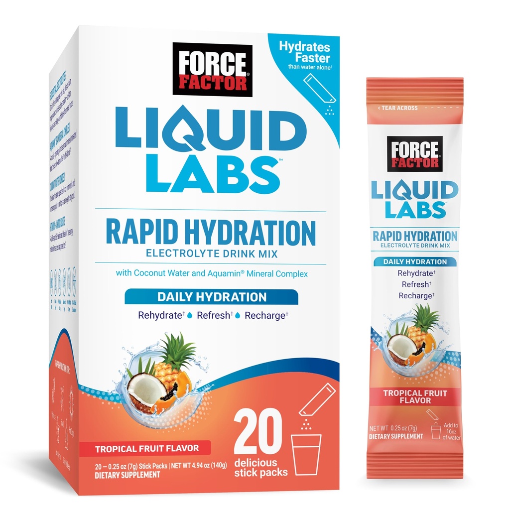 FORCE FACTOR Liquid Labs Elektrolyte Pulververpackungen – tropische Früchte – Hydrationspackungen, um Elektrolytwasser zu machen, mit 5 essentiellen Elektrolyten, Vitaminen, Mineralien und Antioxidantien, 20 Stick Packs