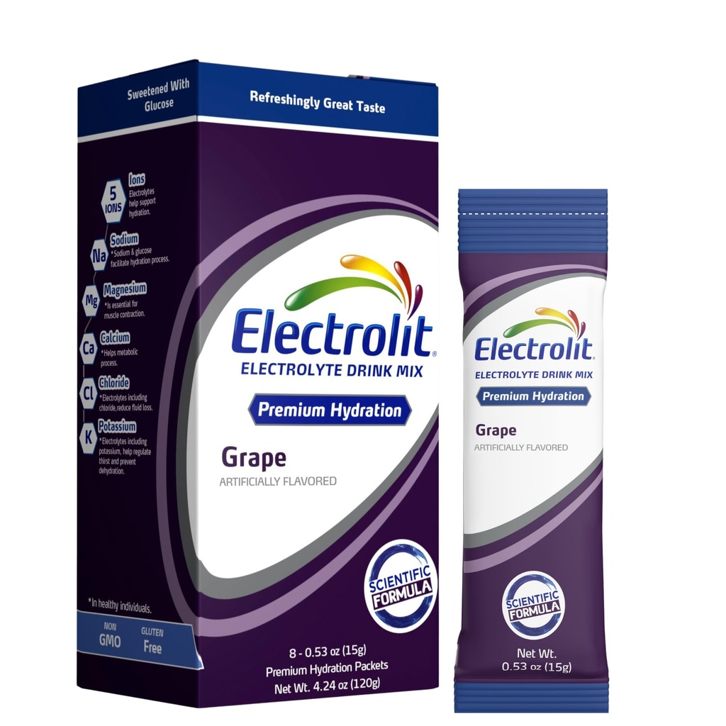 Elektrolyt-Pulver-Packets, Trauben 8-Pack, Pulverierte Hydration-Packets für Dehydratation & Rehydration, Post Workout Flavored Hydrating Drink Mix, Gluten Free Daily Water Enhancer Sticks