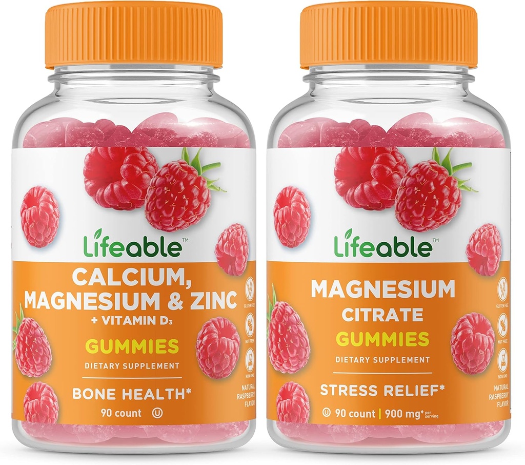 Calcio vitale, Magnesio, Zinco & Vitamina D + Magnesio, Gummies Bundle - Grande Degustazione, Integratore di vitamina, Senza glutine, OGM Libero, Gomma masticabile