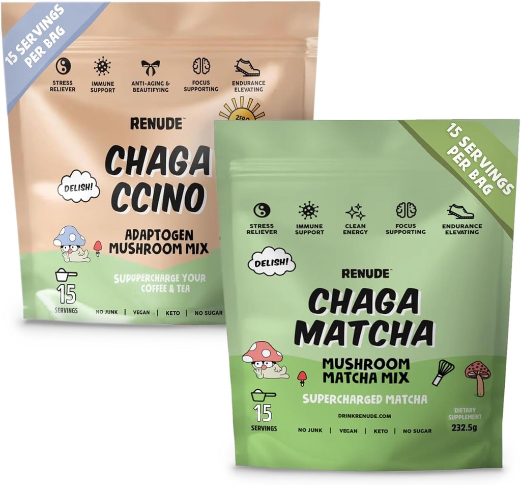 Renude Chaga Matcha e Chagaccino - Chaga Mushroom Powder for Coffee and Matcha, Mushroom Drink Mix with Adaptogens, Natural Energy and Immune Support, Vegan, Keto - 15 Serve Ogni