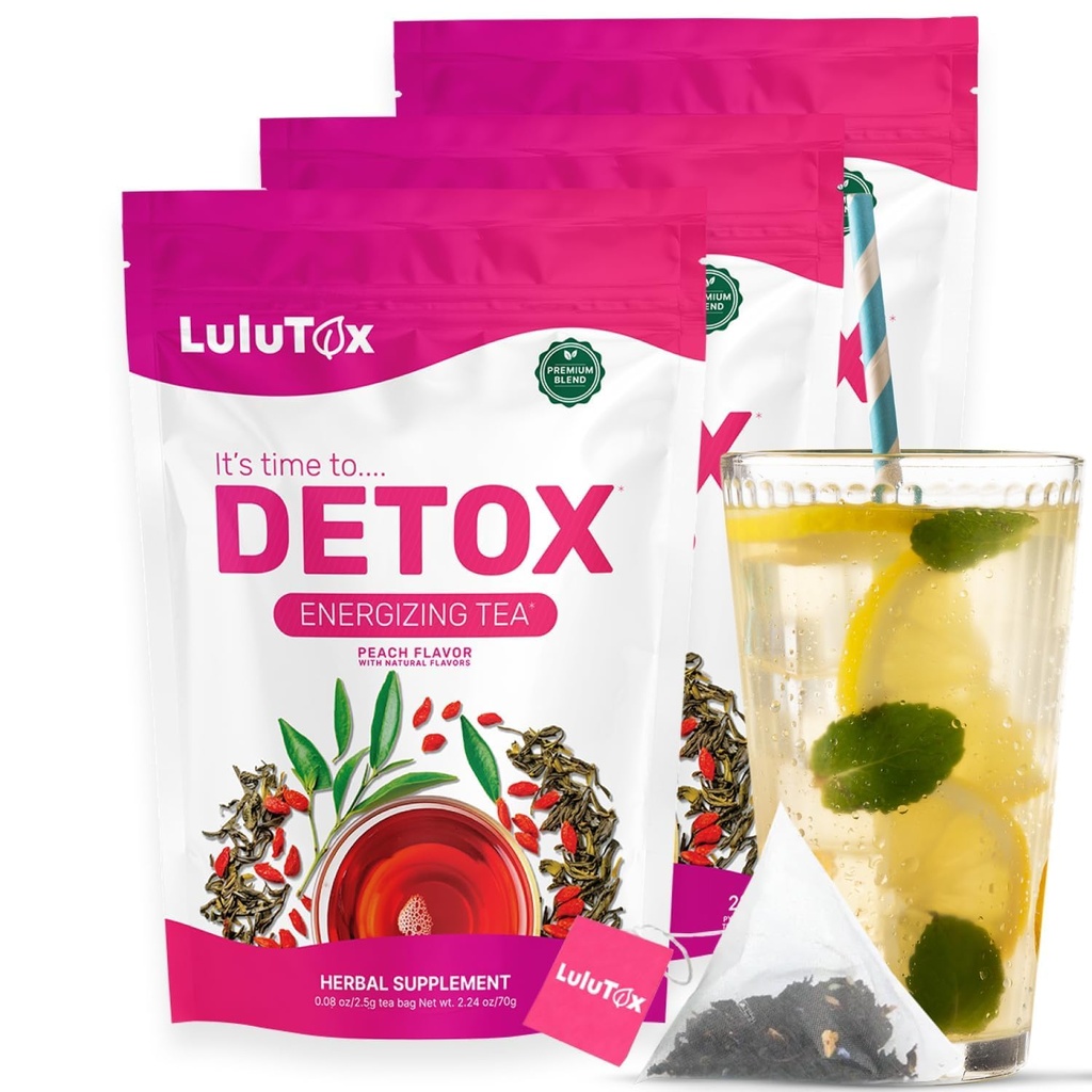 Tè di disintossicazione LULUTOX - Miscela di erbe con la leone, il ginseng e lo zenzero - Supporta un peso sano, la salute digestiva - Vegan, tutto naturale, Lassativo-Free - Peach Flavor (3 Confezione x 28 Serve)